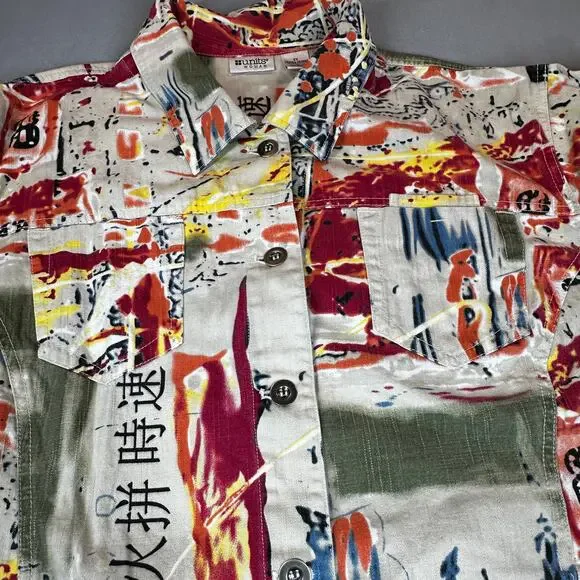 Units Woman Jacket 2X Abstract Print Button Front Long Sleeve Boxy Cotton Coat - Picture 10 of 15